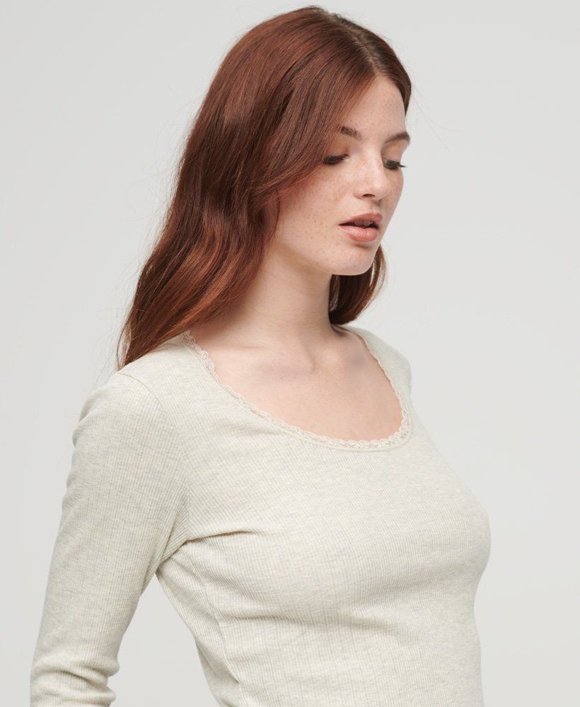Womens - Essential Long Sleeve Rib Lace Top in Queen Cream Marl ...
