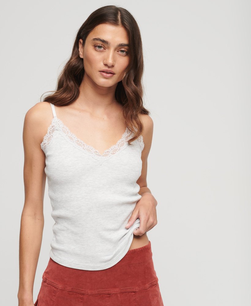 Lace-trimmed ribbed vest top - Light grey marl - Ladies