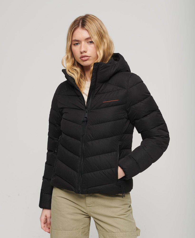 HOODED MICROFIBRE PADDED WOMEN'S BLACK JACKET