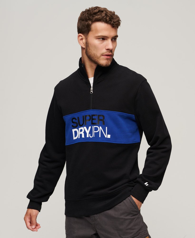 Men's Sports Logo Relaxed Fit Half Zip Sweatshirt in Black
