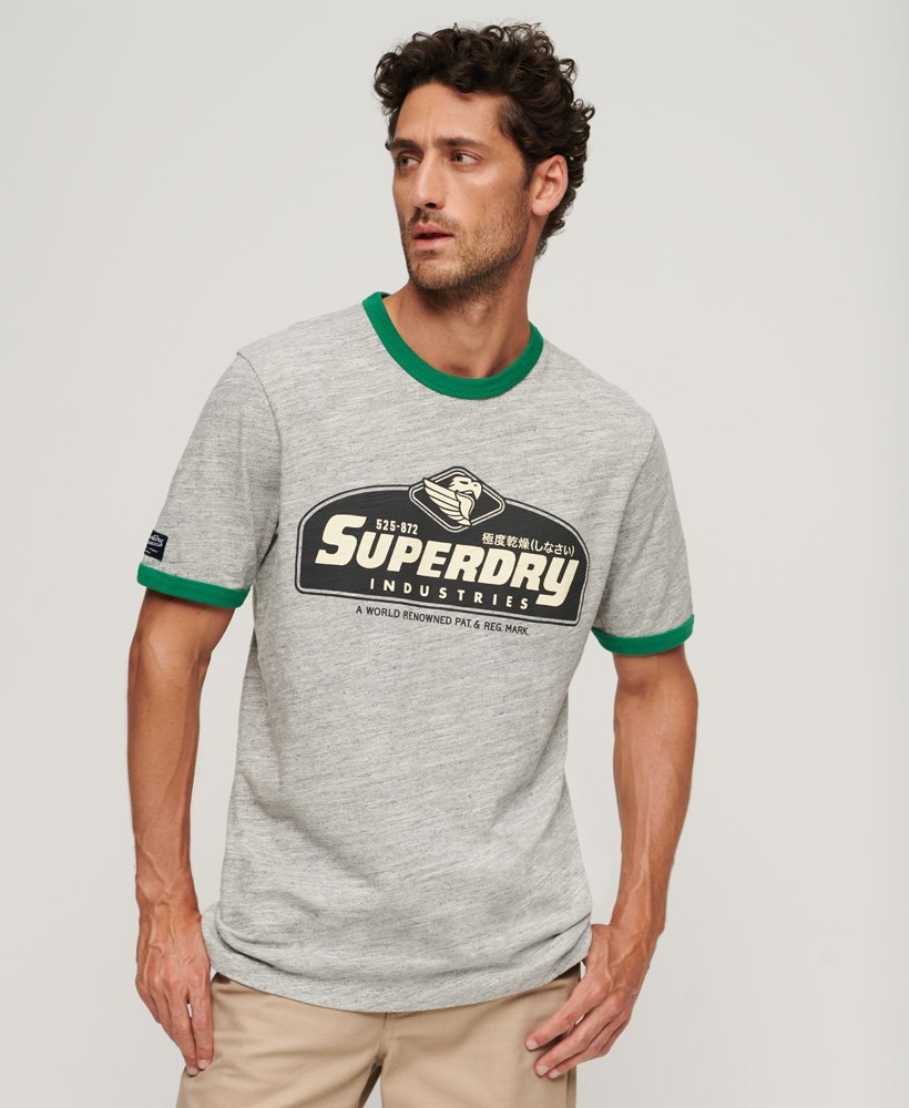 Men\'s Core Logo American Classic Ringer T-Shirt in Athletic Grey Marl/erin  Green | Superdry US