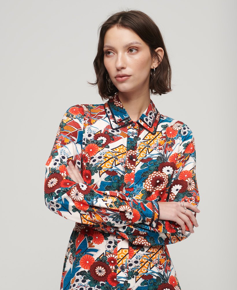 Women's - Printed Midi Shirt Dress in Diagonal Floral Red | Superdry IE