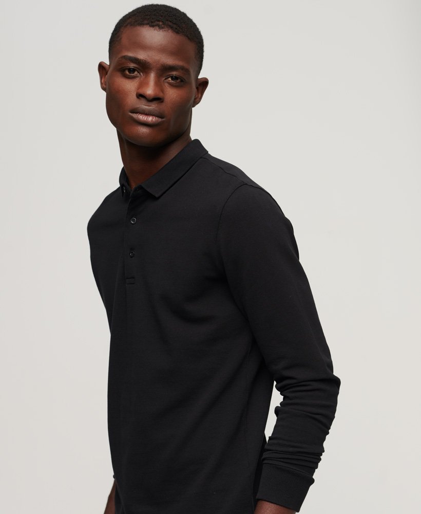Mens - Long Sleeve Cotton Pique Polo Shirt in Black | Superdry UK