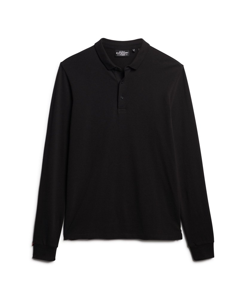 Mens - Long Sleeve Cotton Pique Polo Shirt in Black | Superdry UK