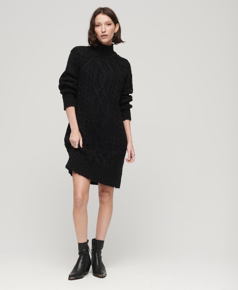 Women's Cable Knit Mock Neck Jumper Dress in Black