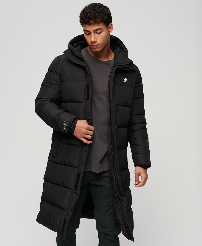 Men's - Hooded Longline Sports Puffer Jacket in Black | Superdry UK