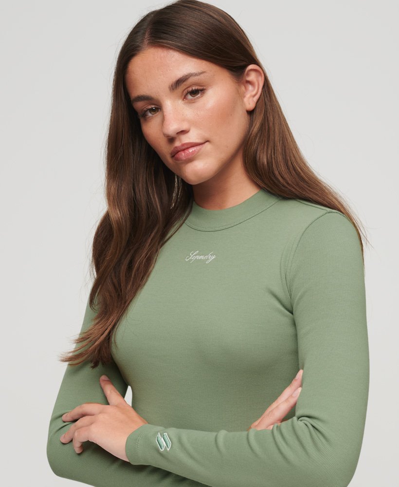 Womens - Ribbed Long Sleeve Embroidered Crop Top in Light Jade Green ...