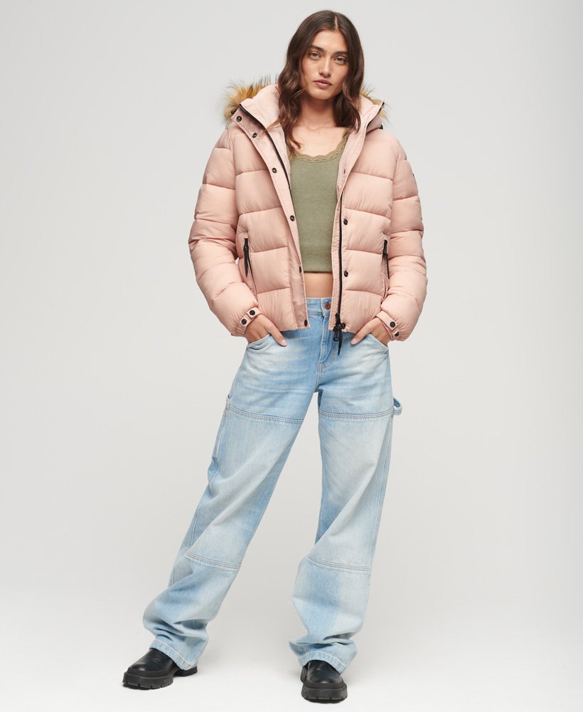 Womens - Faux Fur Short Hooded Puffer Jacket in Pink Blush | Superdry UK