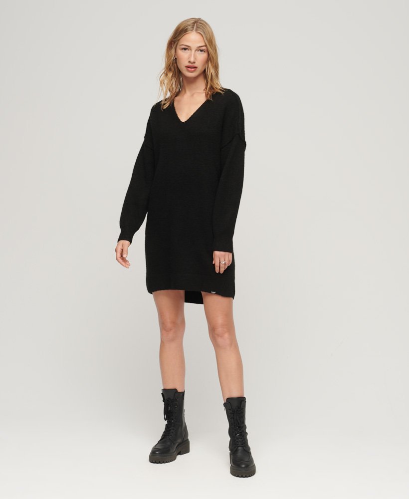 Mujer – Vestido de punto de manga larga en lana merino en Negro Superdry ES
