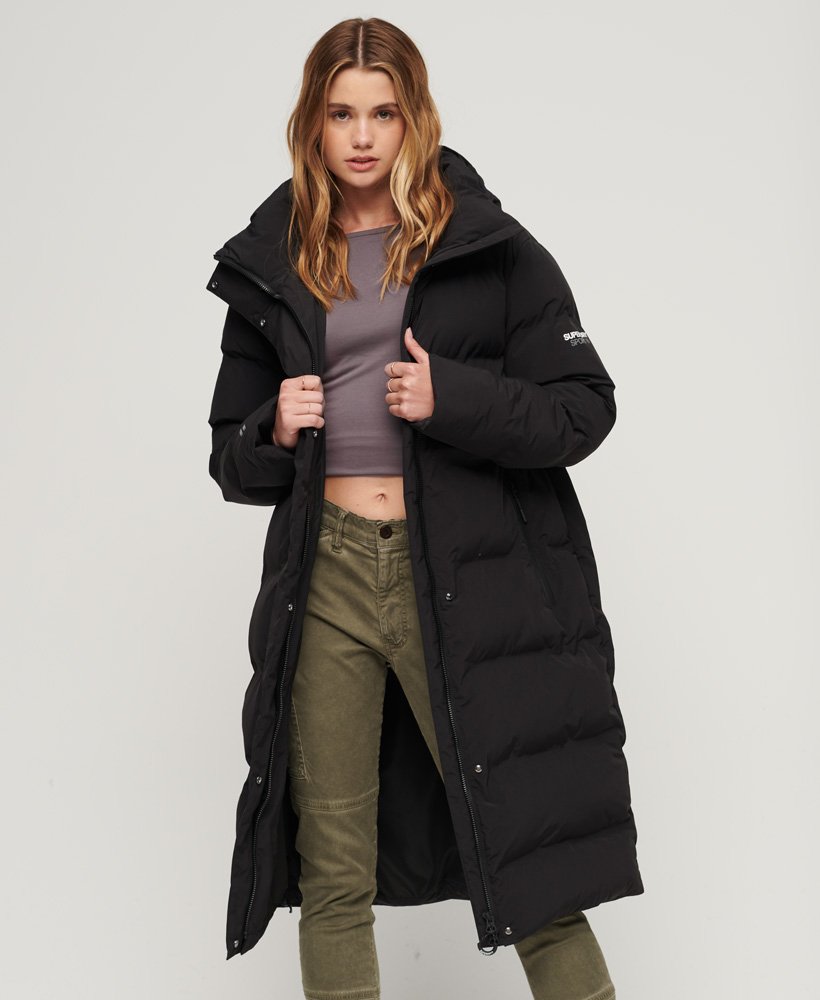 Women's - Hooded Longline Puffer Coat in Black | Superdry IE