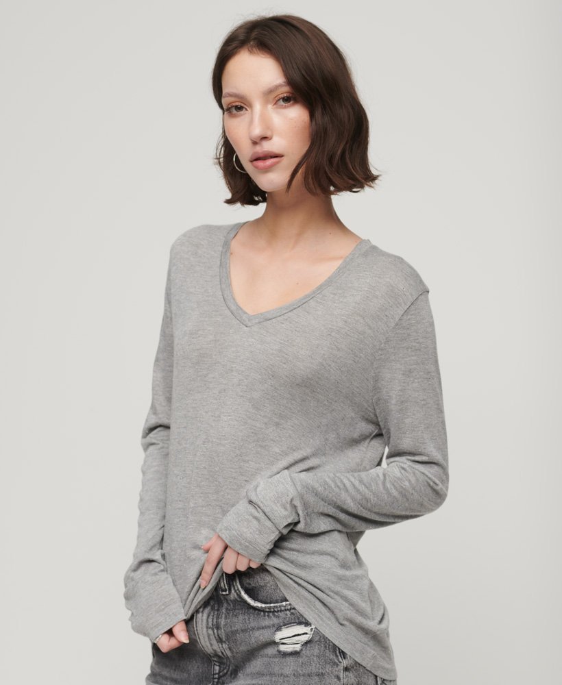 Women\'s Long Sleeve Jersey Top Grey US Metallic | in Superdry V-Neck