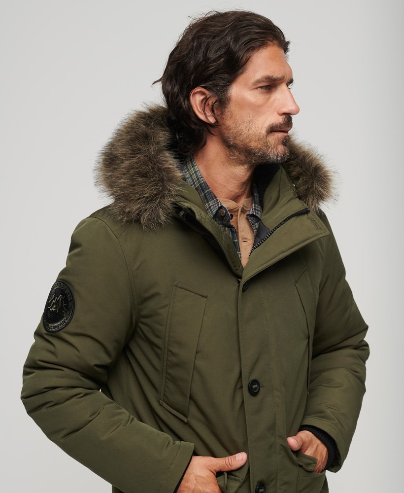 Men's - Everest Faux Fur Hooded Parka Coat in Surplus Goods Olive ...