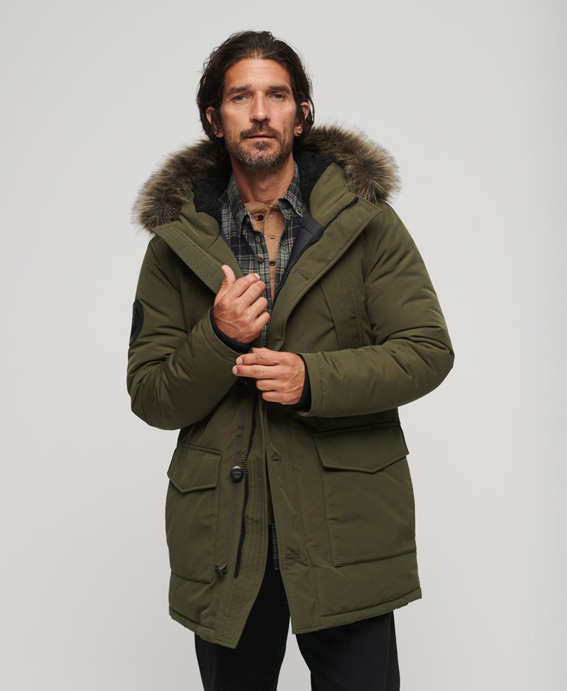 Men's - Everest Faux Fur Hooded Parka Coat in Surplus Goods Olive ...
