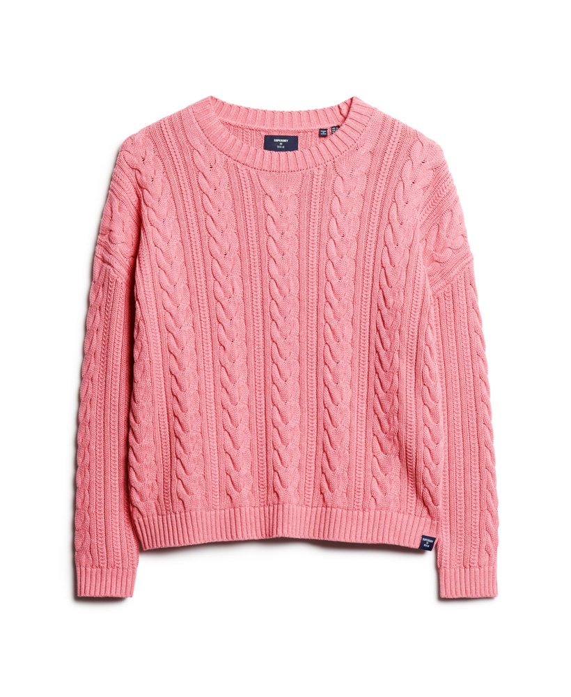 Womens - Dropped Shoulder Cable Crew Jumper in Nappa Pink Twist ...