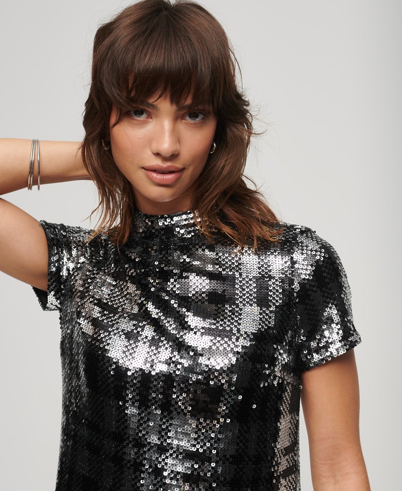 Women's - High Neck Sequin T-Shirt Dress in Check Sequin | Superdry IE