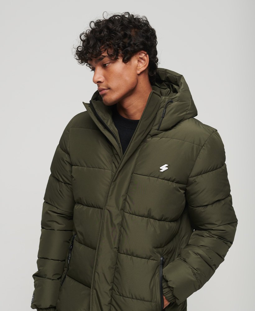 Men's - Hooded Longline Sports Puffer Jacket in Dark Moss Green ...