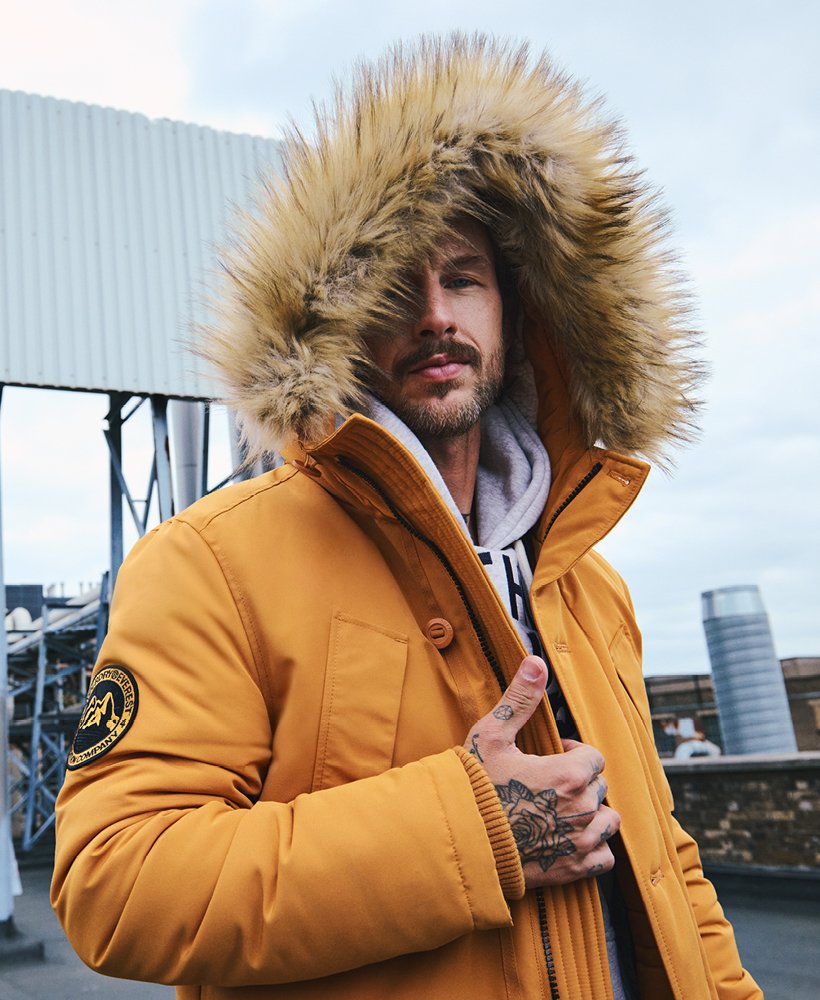 Men's - Everest Faux Fur Hooded Parka Coat in Mustard Yellow