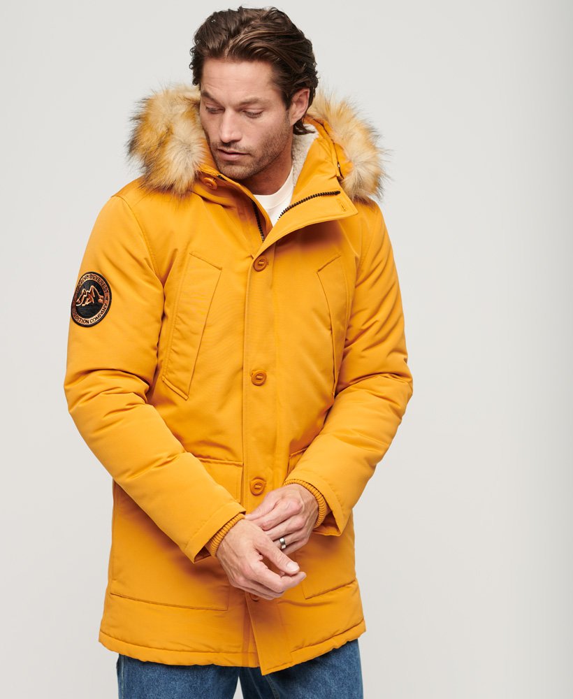 Men's - Everest Faux Fur Hooded Parka Coat in Mustard Yellow | Superdry IE