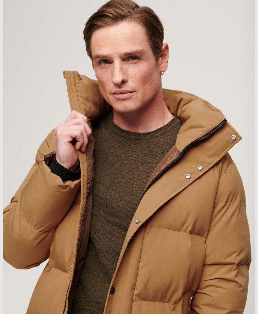 Men's Longline Hooded Puffer Coat in Chipmunk Brown