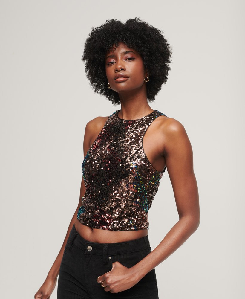 Womens - Sleeveless Sequin Racer Top in Multi Union Sequin | Superdry UK