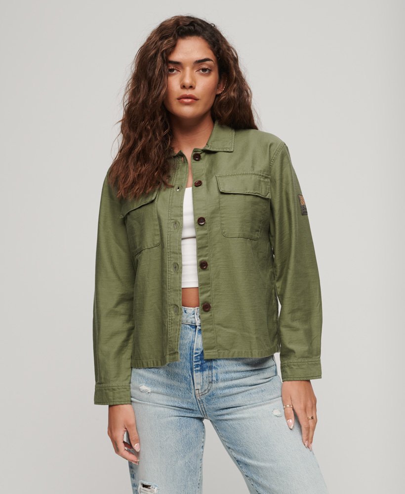 Womens - Embellished Military Overshirt in Drab Olive Green | Superdry UK