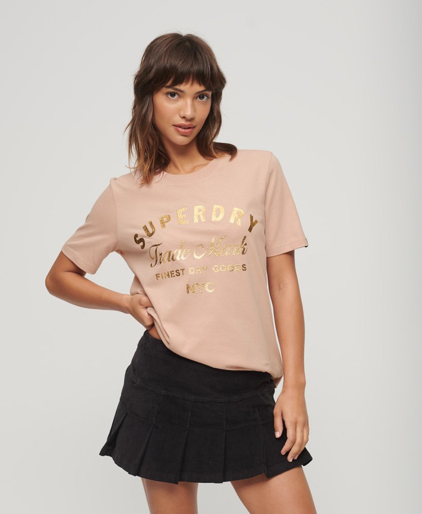 Women\'s Luxe Metallic Logo T-Shirt in Vintage Blush Pink | Superdry US