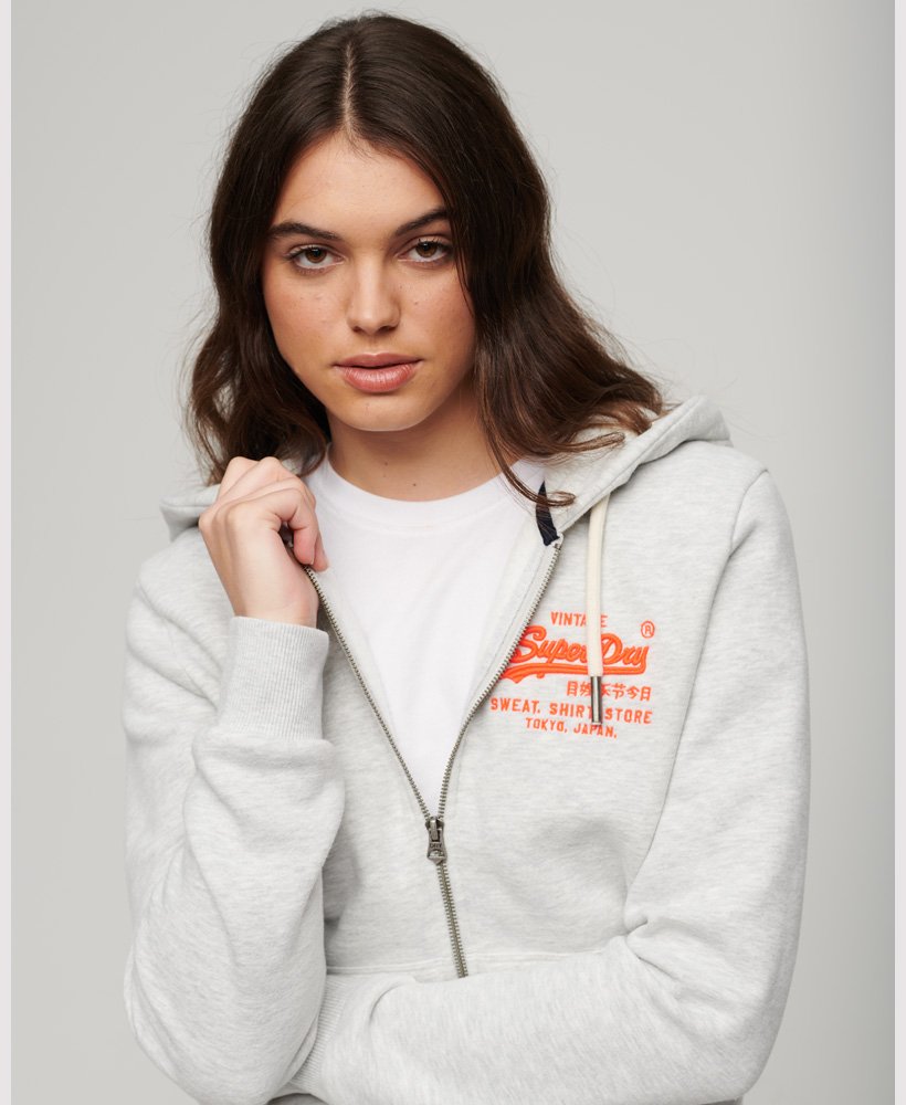 Superdry Grey Vintage Hoodie Logo - Zip in Neon UK Marl Glacier | Womens