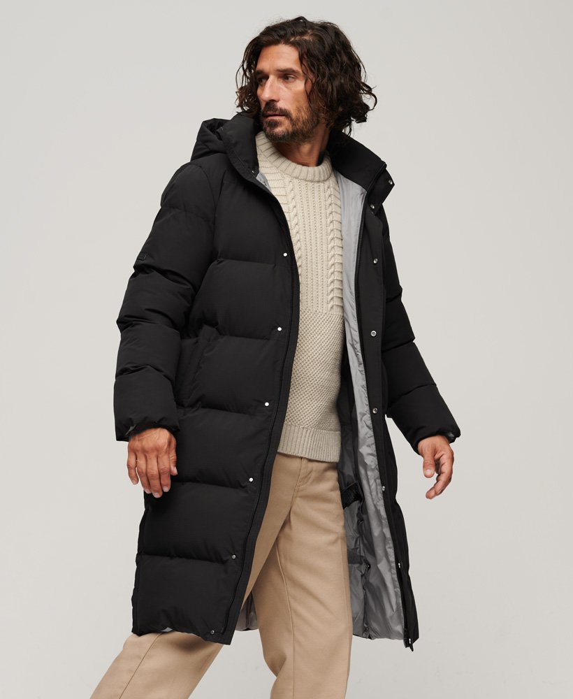 Men s Longline Hooded Puffer Coat In Black Superdry UK