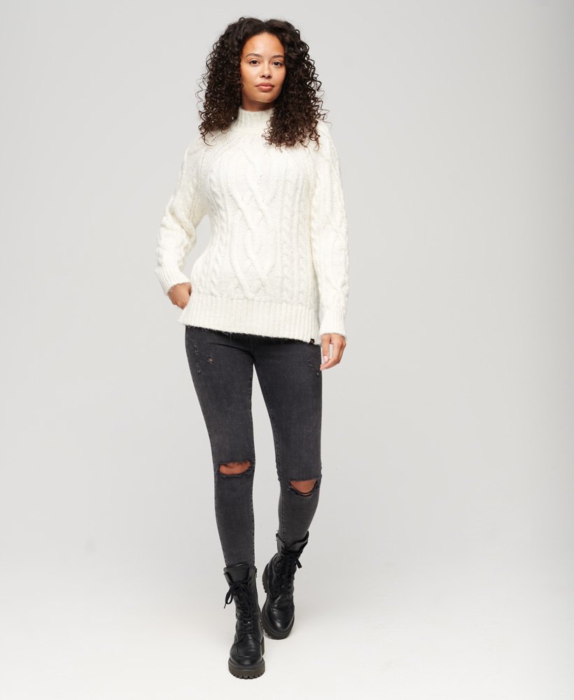 Womens - High Neck Cable Knit Jumper in Off White | Superdry UK