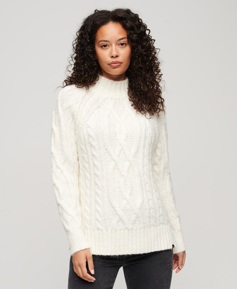 Womens - High Neck Cable Knit Jumper in Off White | Superdry UK