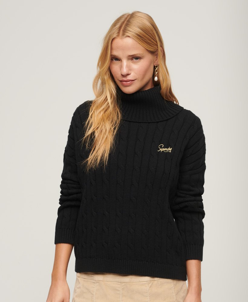 Women s Cable Roll Neck Knitted Jumper in Black Superdry CA EN