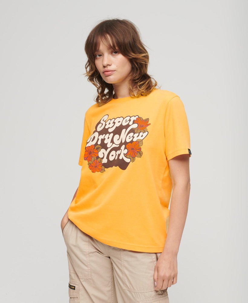 Womens - 70's Floral Script Logo T-Shirt in Ochre Yellow Marl | Superdry UK