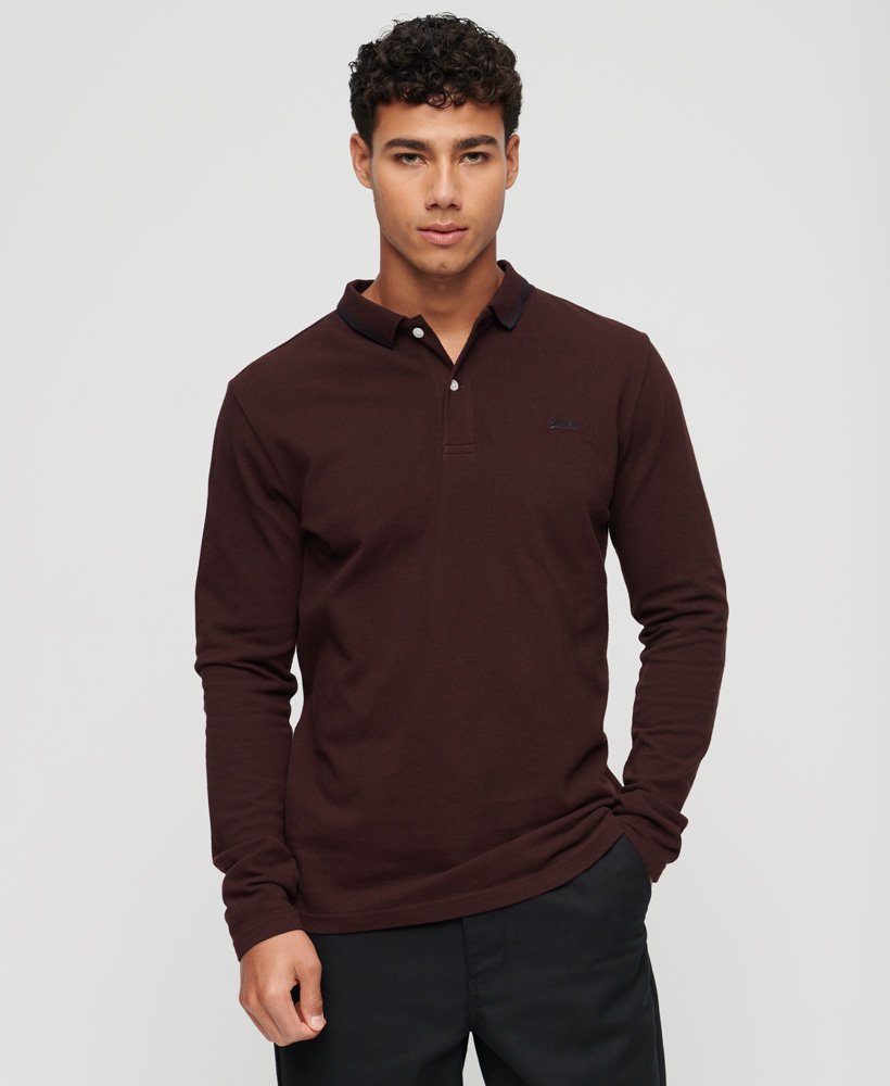 Mens - Vintage Tipped Long Sleeve Polo Shirt in Rich Deep Burgundy ...