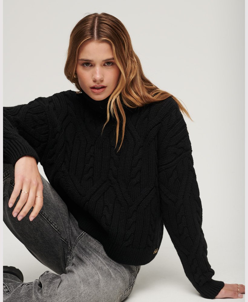 Womens - Twist Cable Knit Polo Neck Jumper in Black | Superdry UK