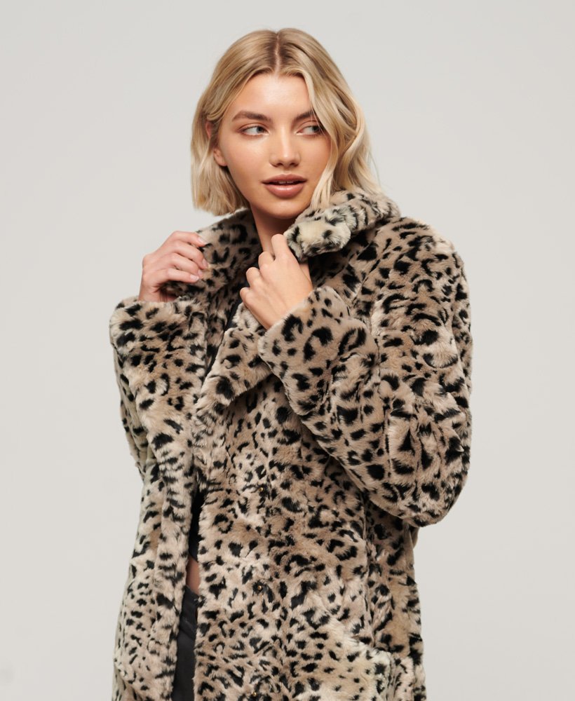 Womens - Vintage Long Faux Fur Coat in Animal | Superdry UK