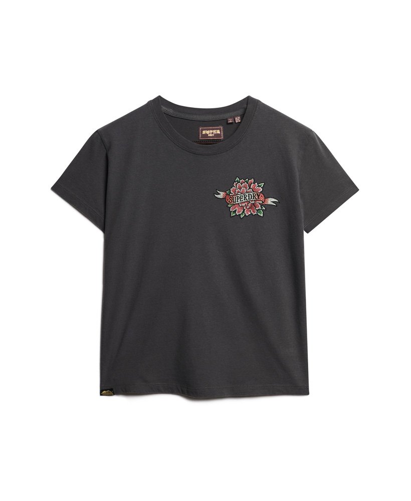 Womens - Tattoo Rhinestone Fitted T-Shirt in Charcoal | Superdry UK