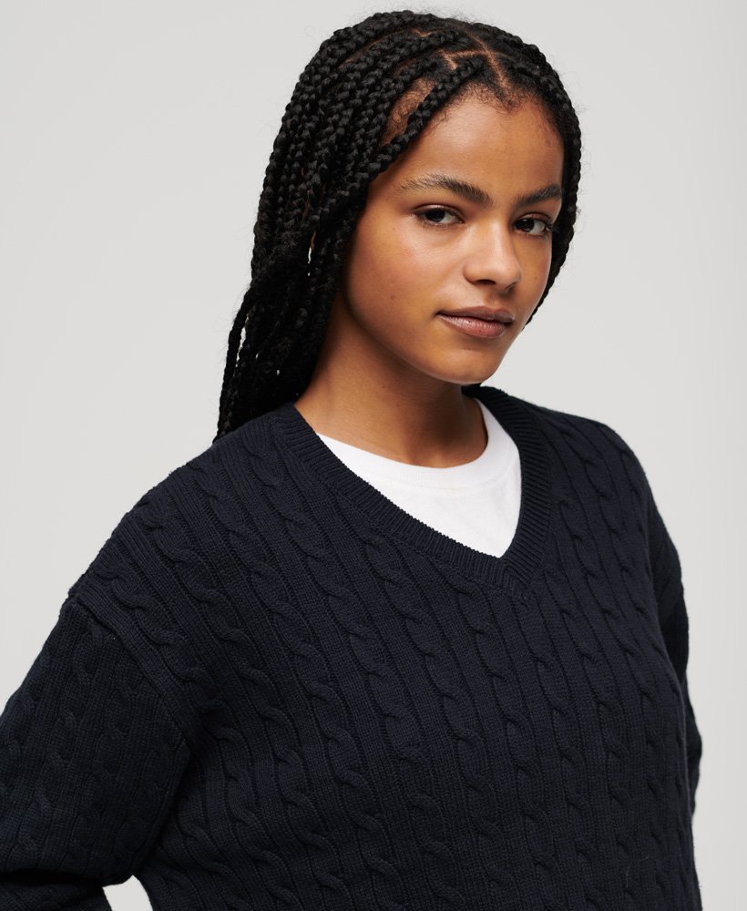 Women's Oversized V Neck Cable Knit Jumper in Eclipse Navy
