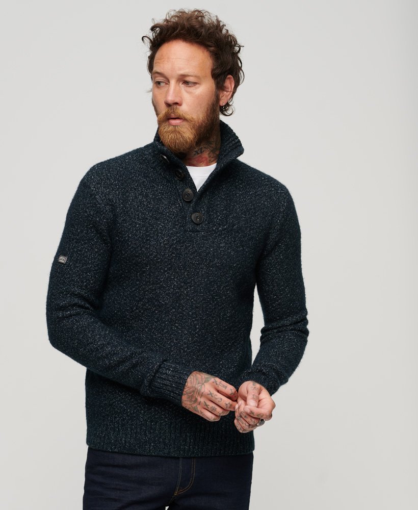 Mens - Chunky Knit Button Neck Jumper in Eclipse Navy | Superdry UK