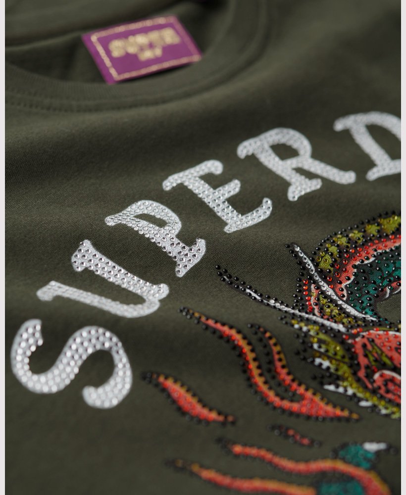 Womens - Tattoo Rhinestone T-Shirt in Army Khaki | Superdry UK