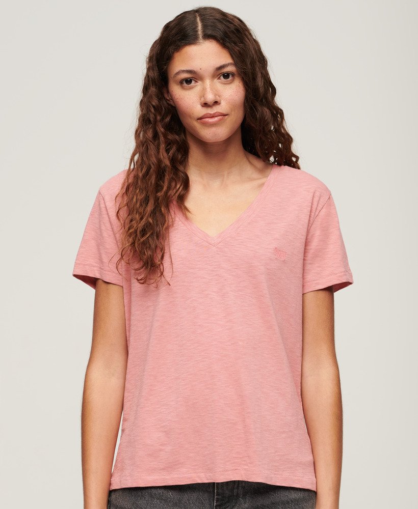 Women's Slub Embroidered V-Neck T-Shirt in Dusty Rose
