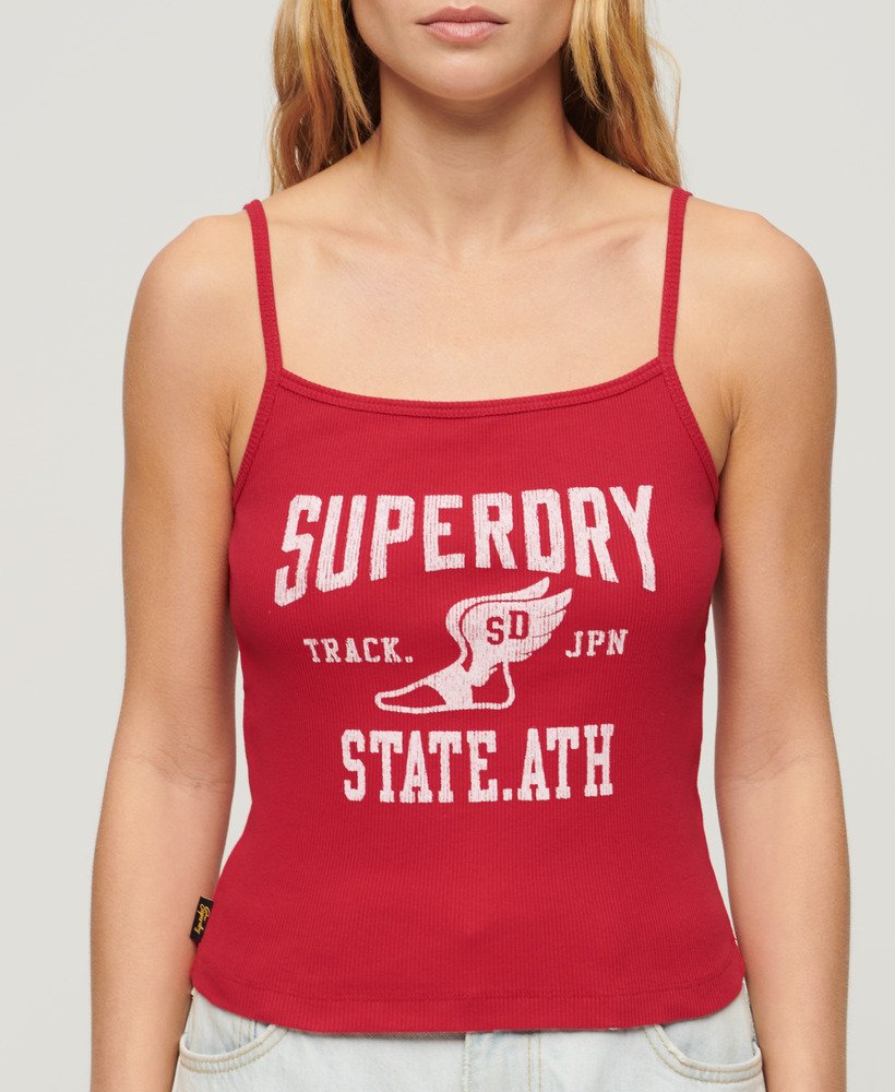 Superdry UK | Womens Cami Red Graphic Carmine Rib Top Athletic in College -