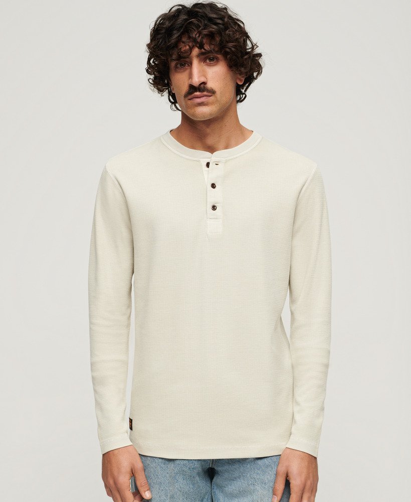 Men's - Relaxed Fit Waffle Cotton Henley Top in Light Stone Beige ...