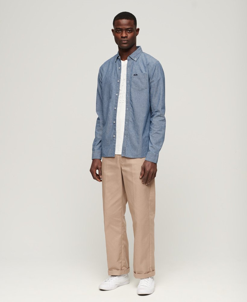 Men's - Cotton Long-sleeved Chambray Shirt in Indigo Chambray | Superdry UK