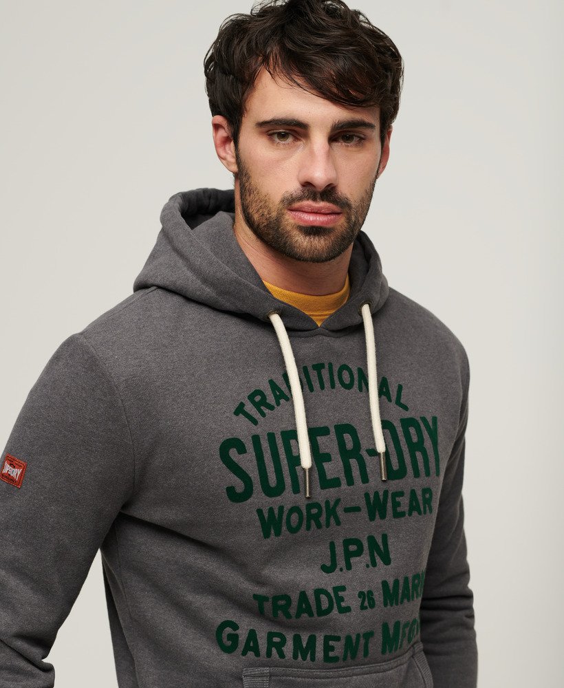 Mens - Workwear Flock Graphic Hoodie in Granite Grey Marl | Superdry UK