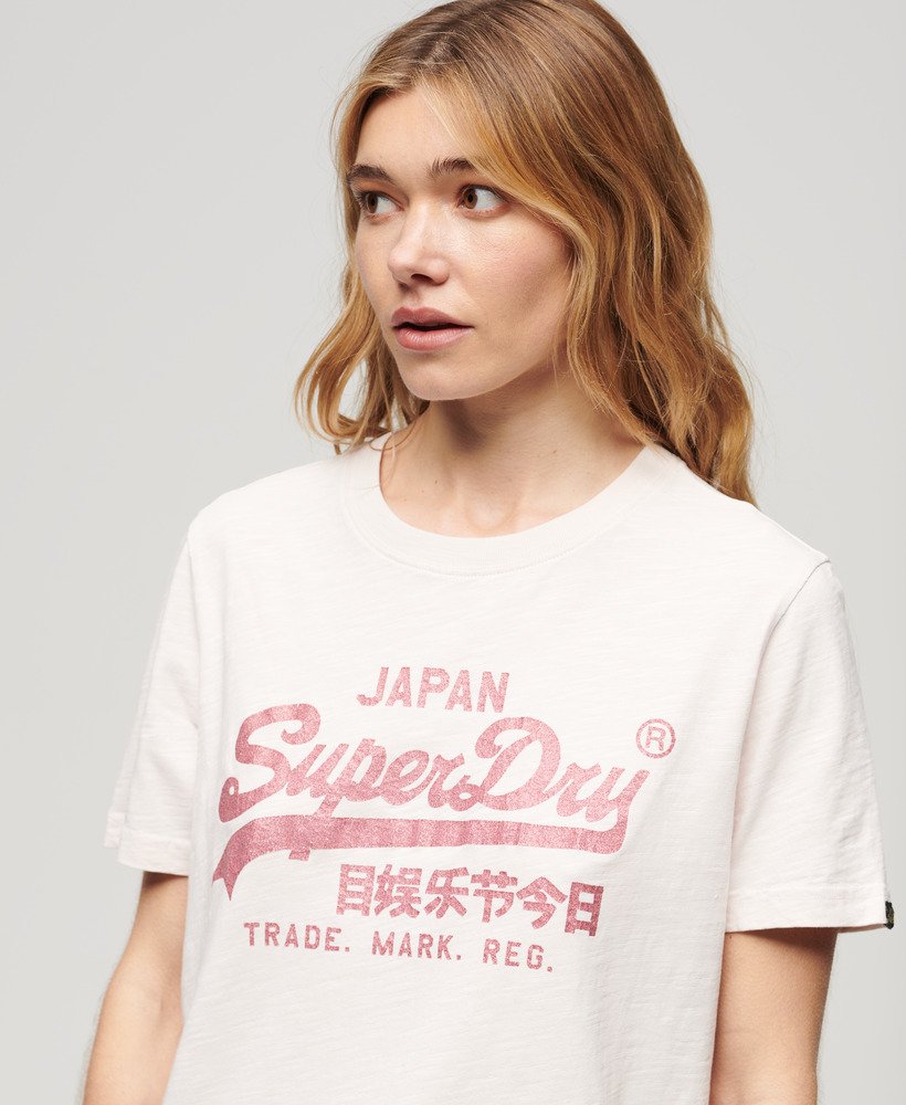 Pink - Damen Logo Relaxtes | Metallic-Optik DE Kreide mit Malve Superdry T-Shirt in