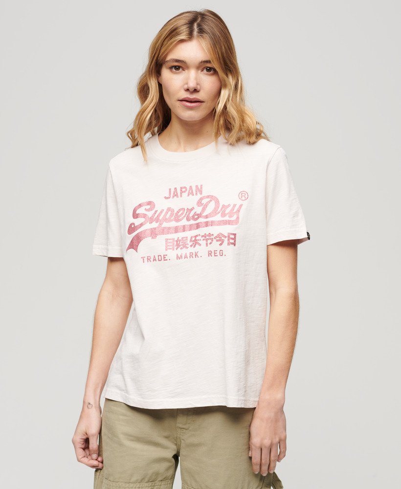 Damen - Relaxtes mit Malve T-Shirt Kreide Metallic-Optik | DE Superdry Pink Logo in