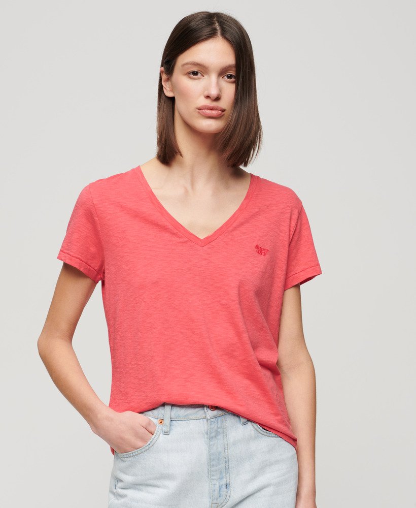 Womens Slub Embroidered V Neck T Shirt In Spiced Coral Superdry Uk