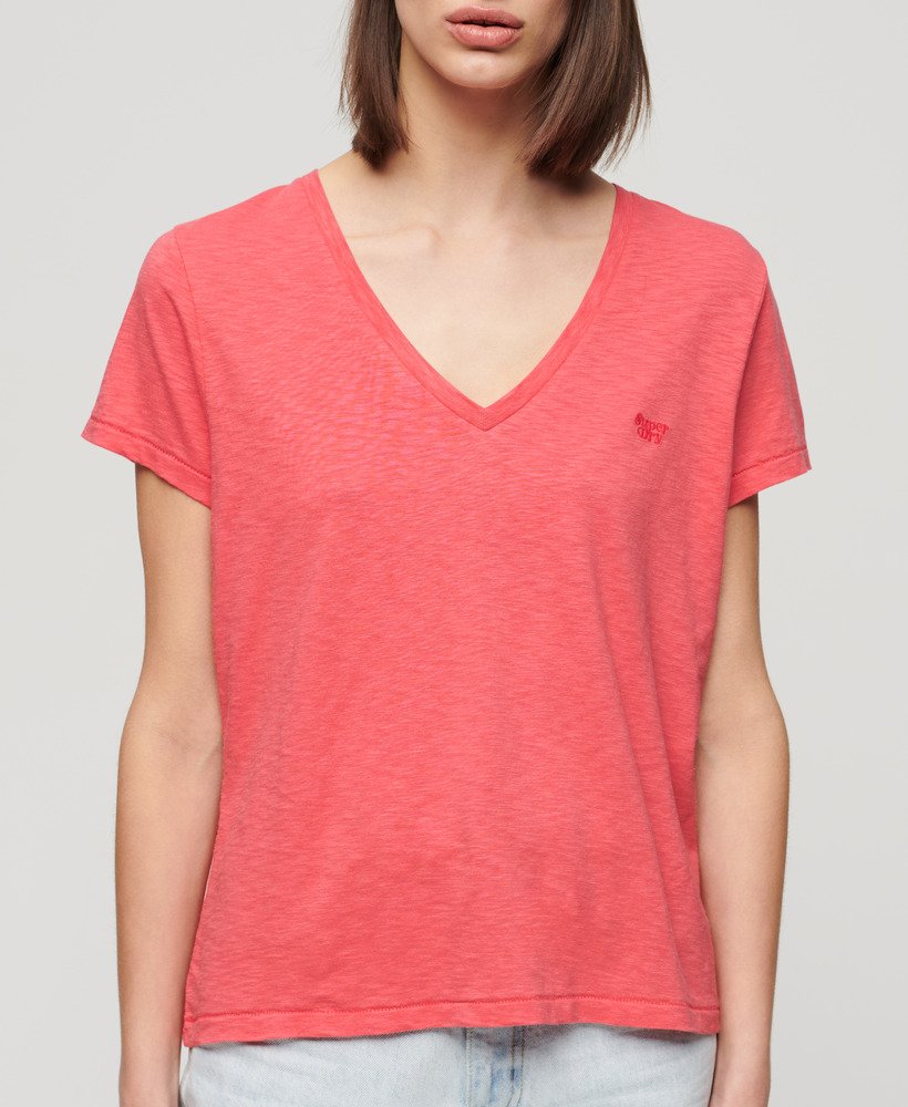 Women\'s Slub Embroidered V-Neck T-Shirt in Spiced Coral | Superdry US