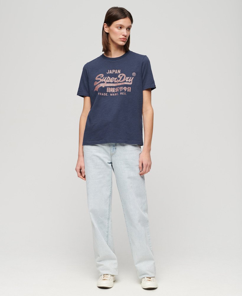Damen Relaxtes T-Shirt mit Superdry CH-DE in | Logo Lauren Marineblau Metallic-Optik