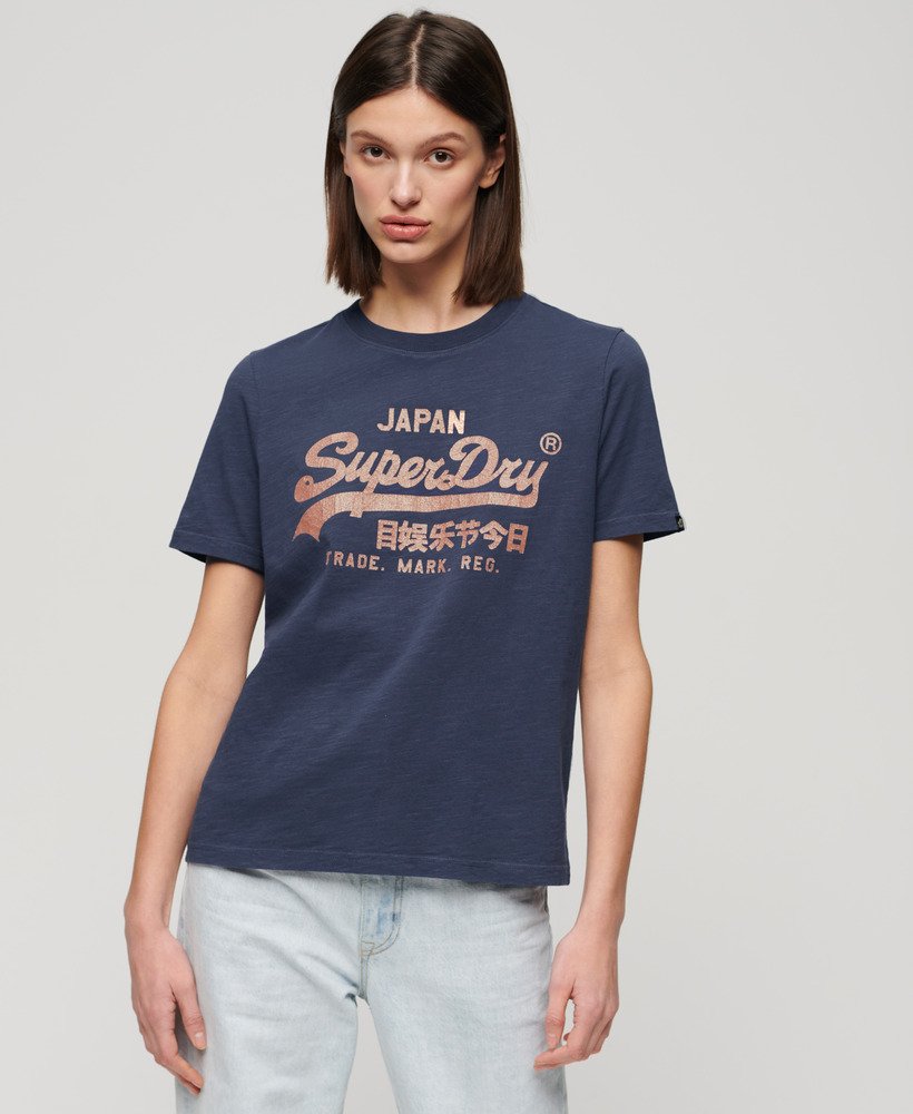Damen Relaxtes T-Shirt mit Logo in Metallic-Optik Lauren Marineblau |  Superdry CH-DE